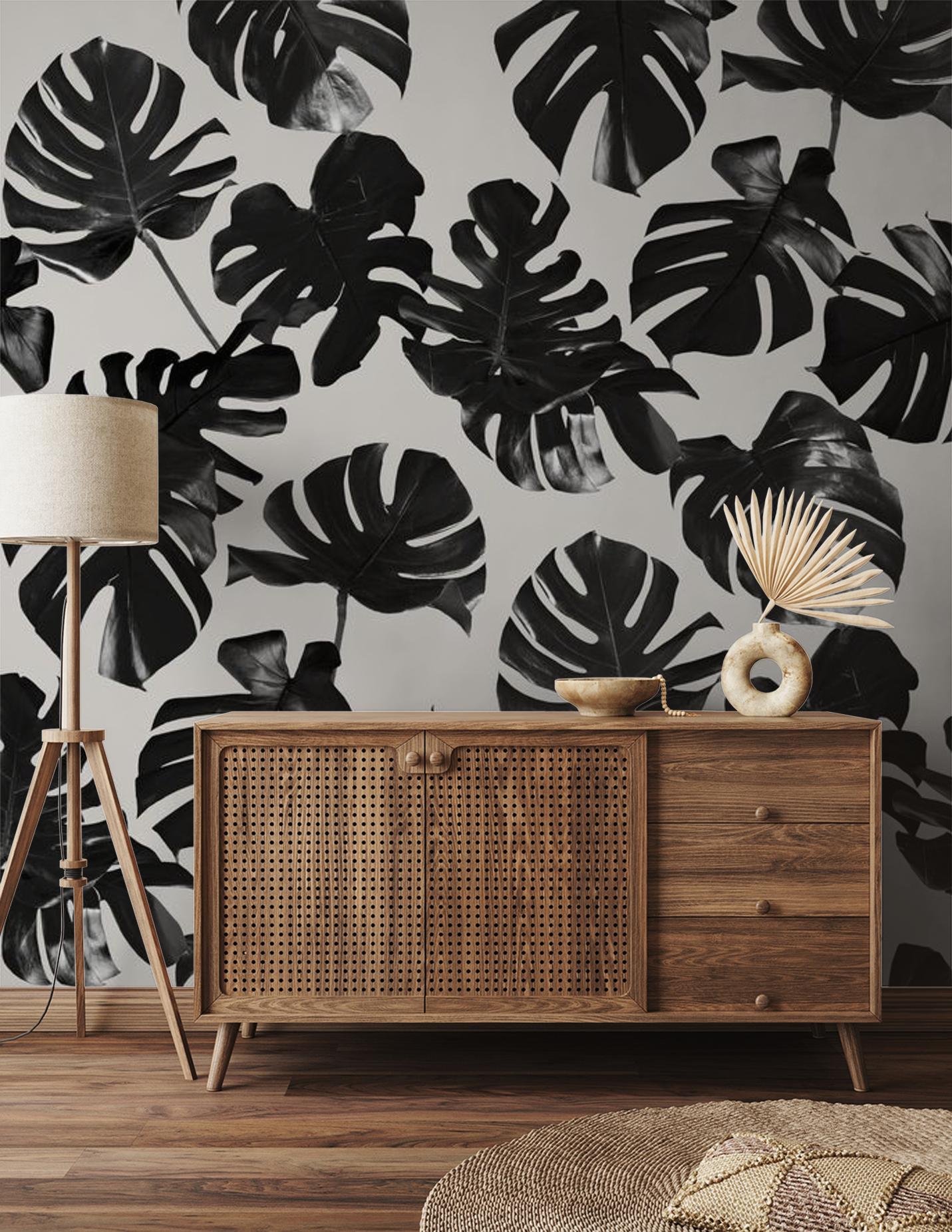 Monstera Leaf Wallpaper, black & off-white