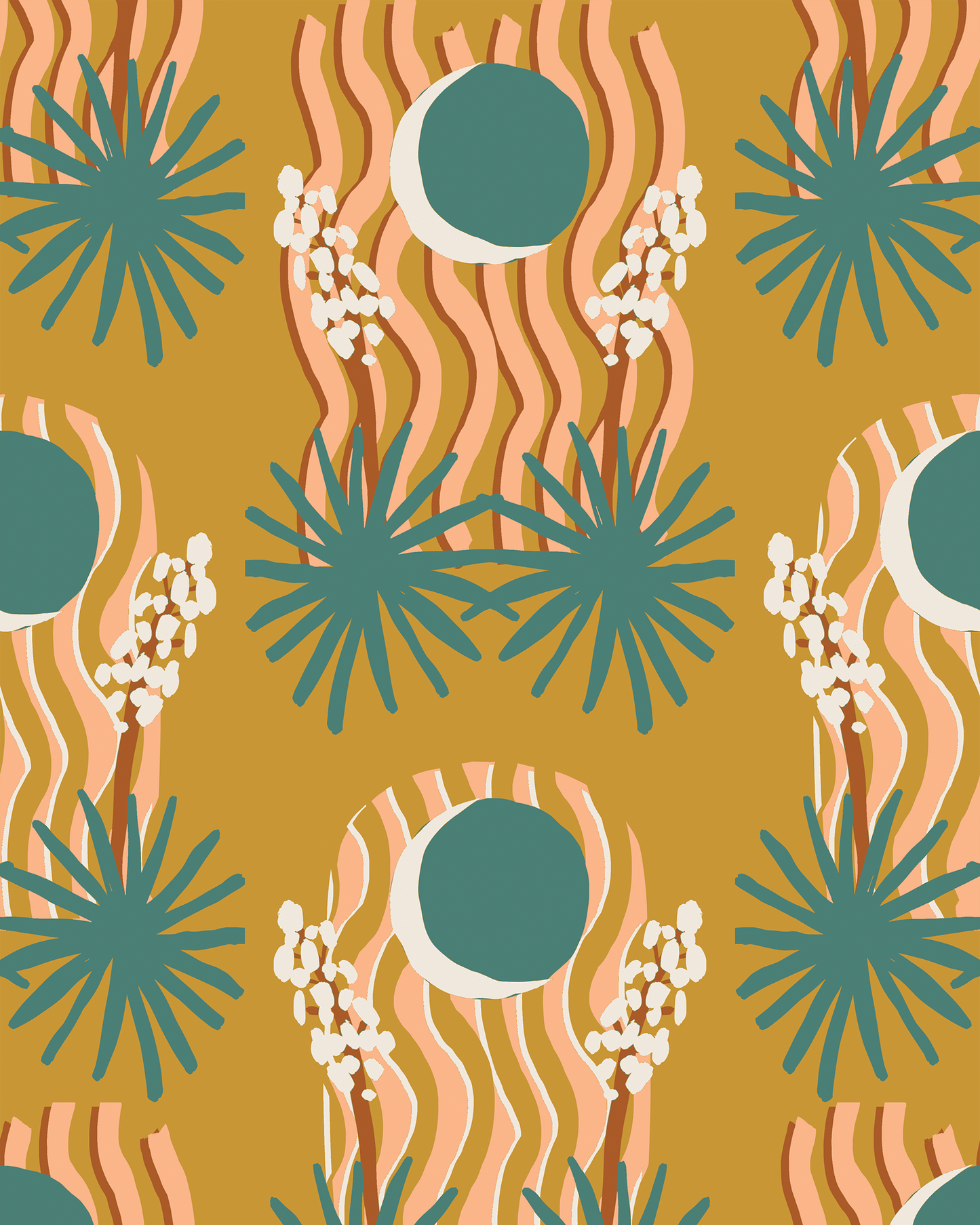 Yucca Moon Wallpaper, mustard and teal