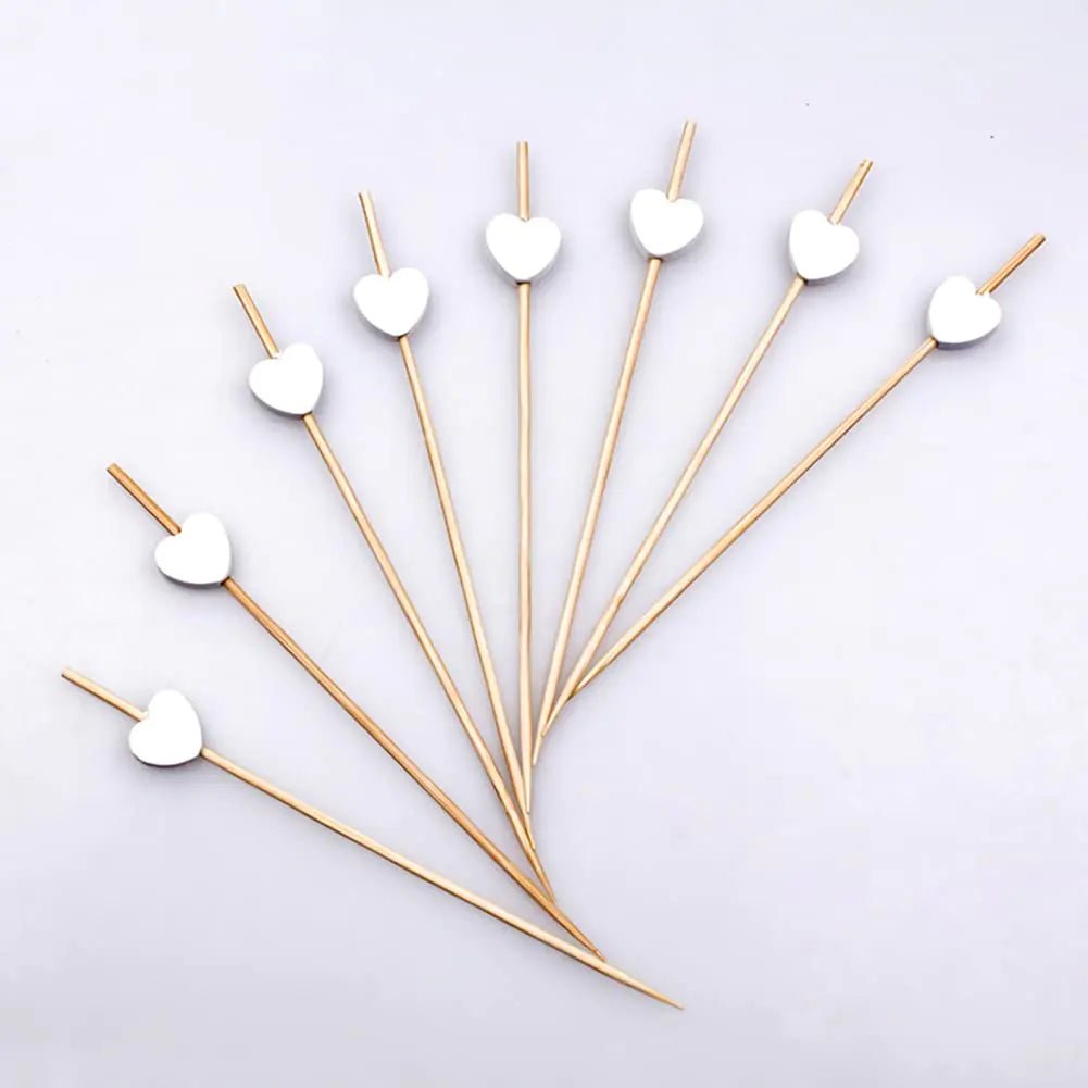 AKOAK 100 Counts Handmade 4.7" White Heart Cocktail Sticks Sandwich Fruit Toothpicks Cocktail Picks Party Supplies - mosswell.us