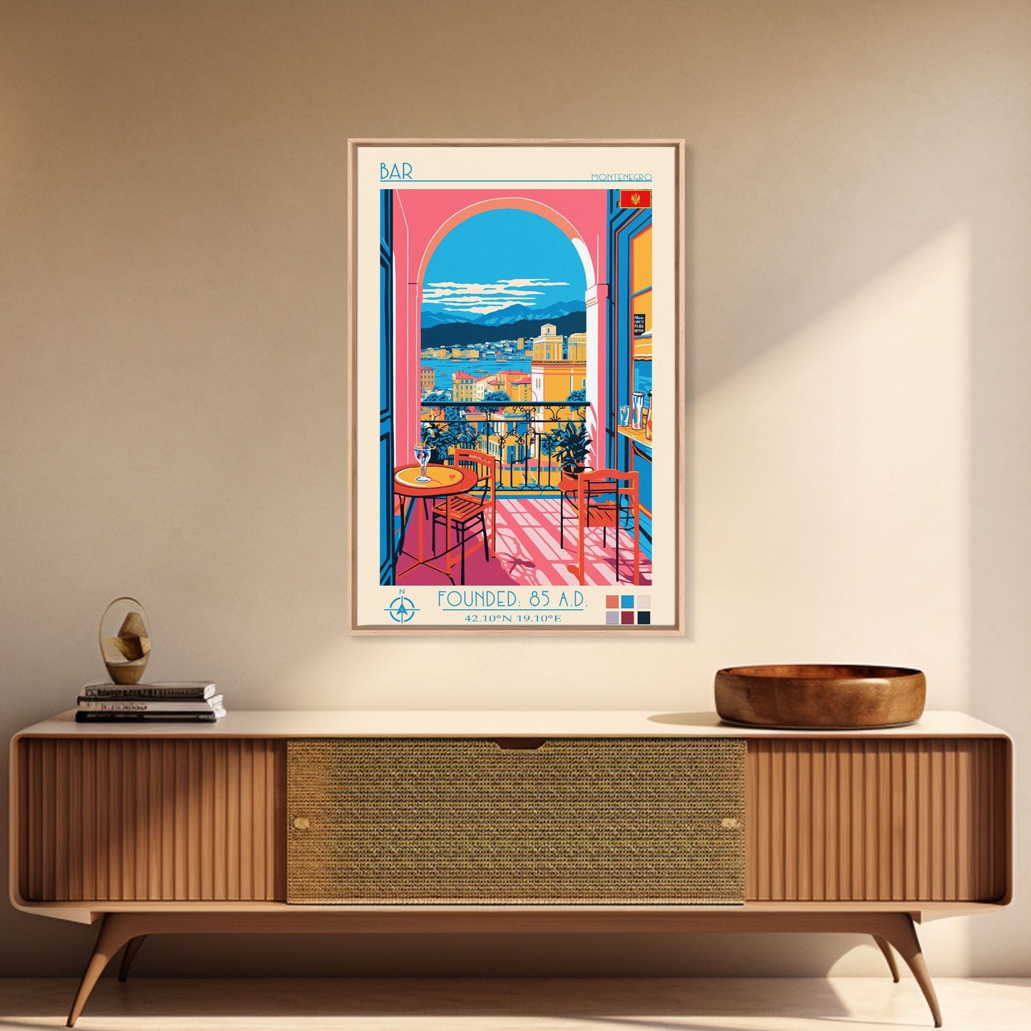 Bar Montenegro Travel Poster Framed Canvas Print, Midcentury Modern Art, Pop Art Wall Decor, Home Decor, Vacation Gift, Living Room Art - mosswell.us