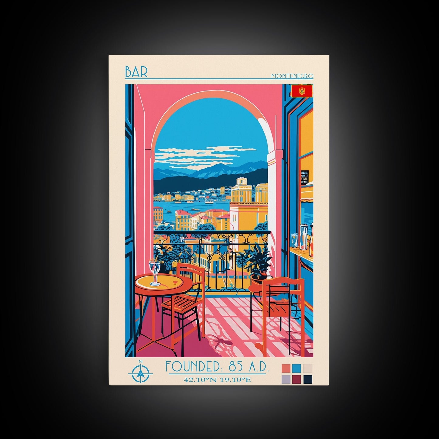 Bar Montenegro Travel Poster Framed Canvas Print, Midcentury Modern Art, Pop Art Wall Decor, Home Decor, Vacation Gift, Living Room Art - mosswell.us
