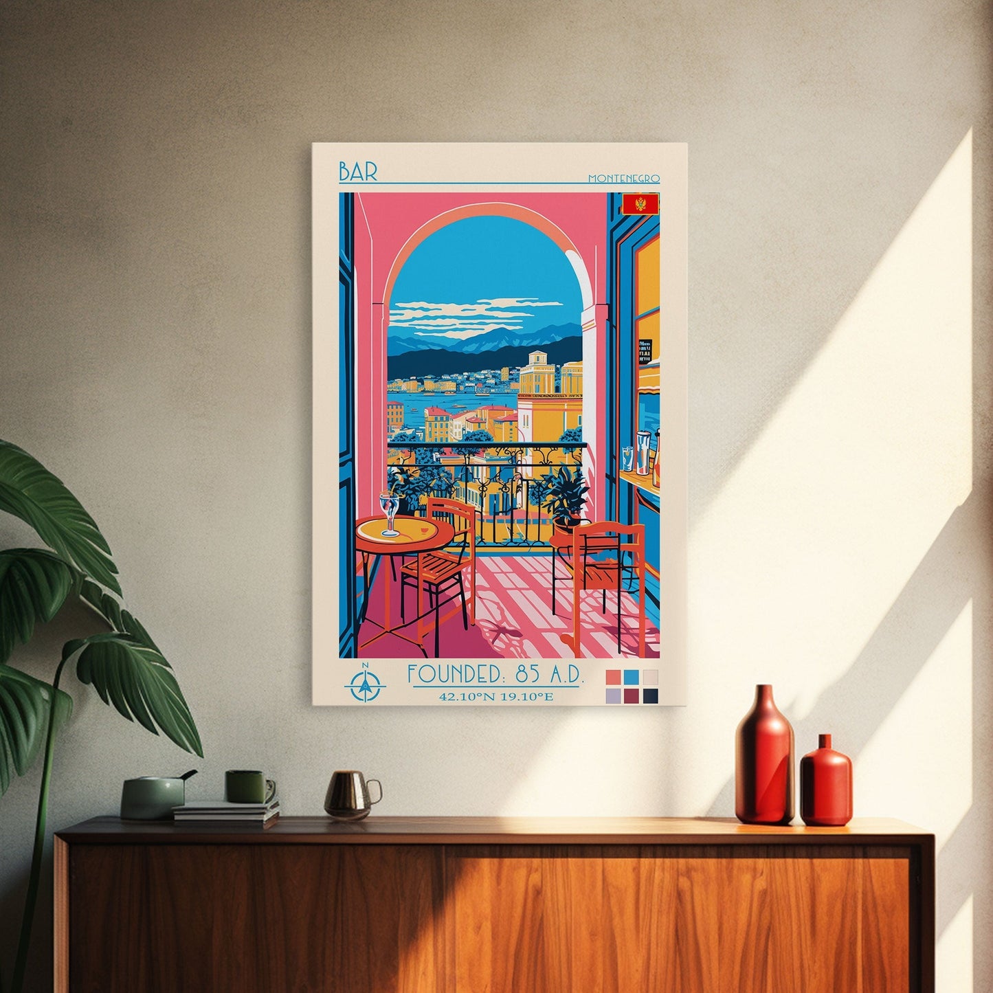 Bar Montenegro Travel Poster Framed Canvas Print, Midcentury Modern Art, Pop Art Wall Decor, Home Decor, Vacation Gift, Living Room Art - mosswell.us