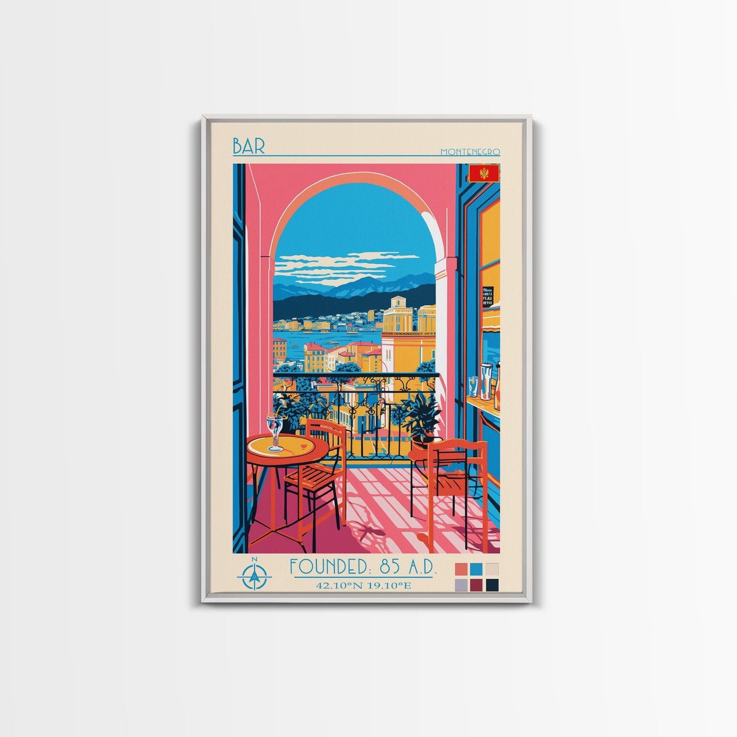 Bar Montenegro Travel Poster Framed Canvas Print, Midcentury Modern Art, Pop Art Wall Decor, Home Decor, Vacation Gift, Living Room Art - mosswell.us