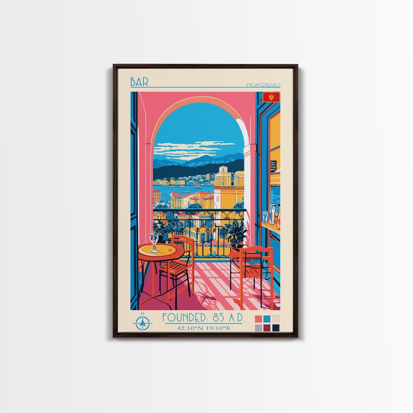 Bar Montenegro Travel Poster Framed Canvas Print, Midcentury Modern Art, Pop Art Wall Decor, Home Decor, Vacation Gift, Living Room Art - mosswell.us