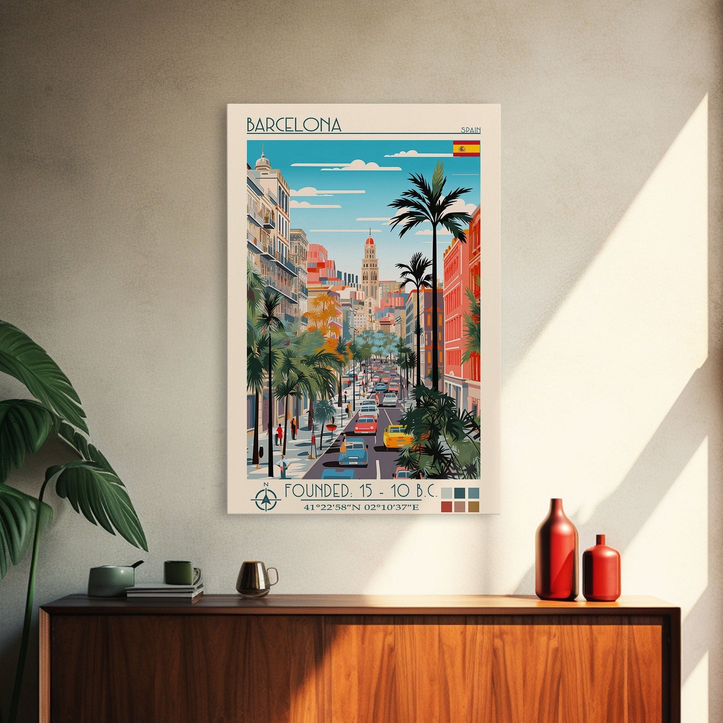 Barcelona Spain Travel Poster Framed Canvas Print, Midcentury Modern Art, Pop Art Wall Decor, Home Decor, Vacation Gift, Living Room Art - mosswell.us