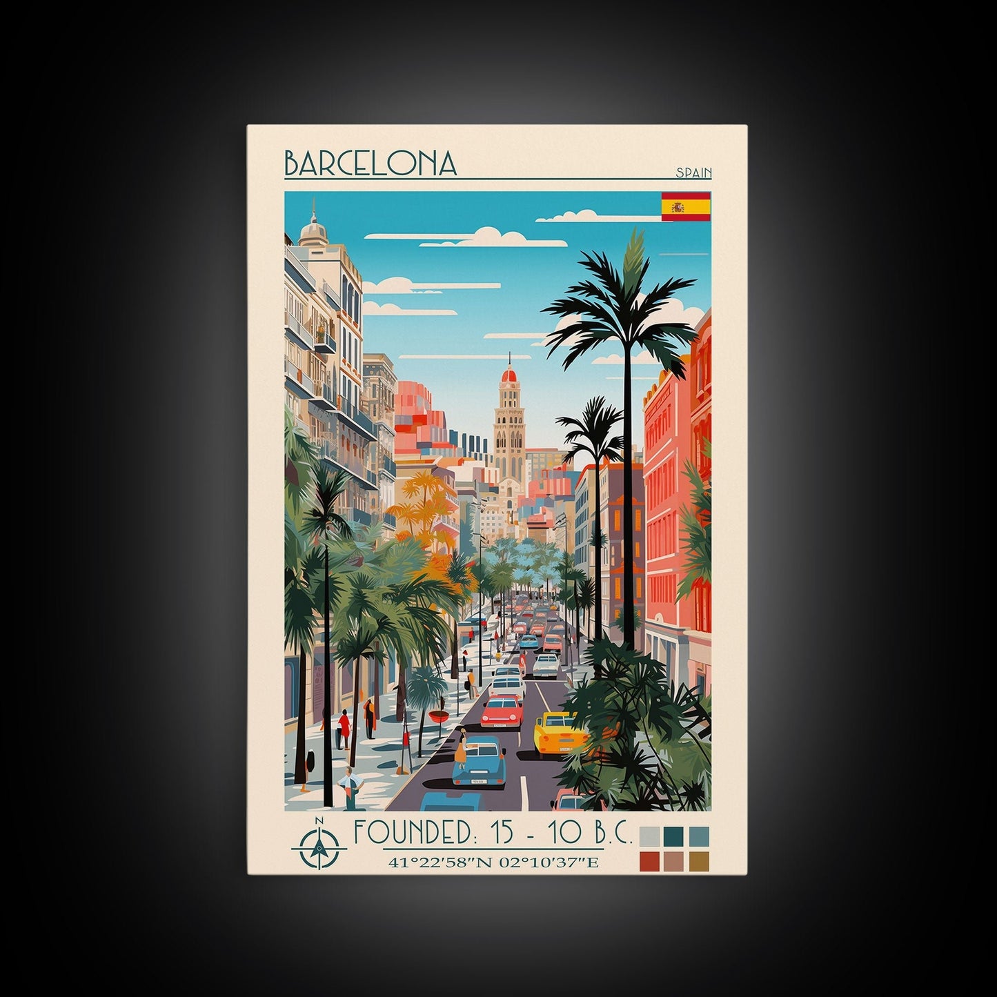 Barcelona Spain Travel Poster Framed Canvas Print, Midcentury Modern Art, Pop Art Wall Decor, Home Decor, Vacation Gift, Living Room Art - mosswell.us