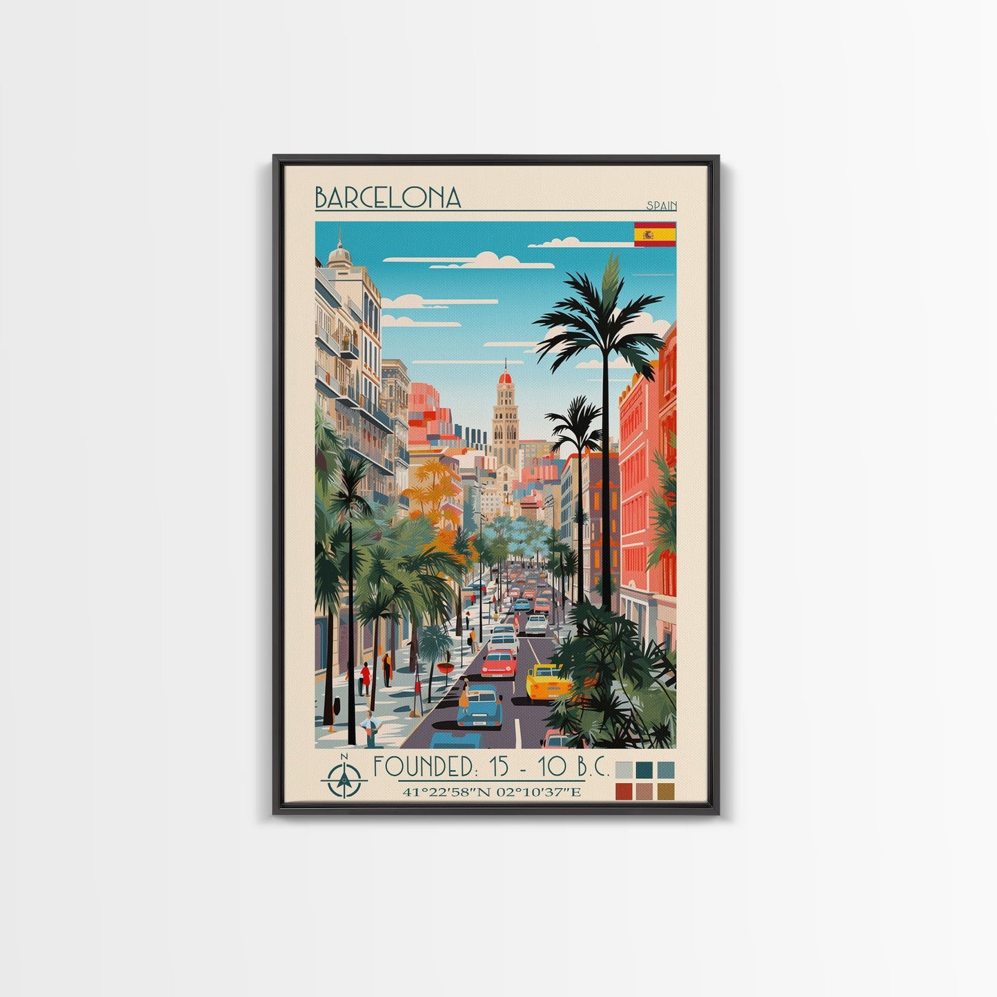 Barcelona Spain Travel Poster Framed Canvas Print, Midcentury Modern Art, Pop Art Wall Decor, Home Decor, Vacation Gift, Living Room Art - mosswell.us