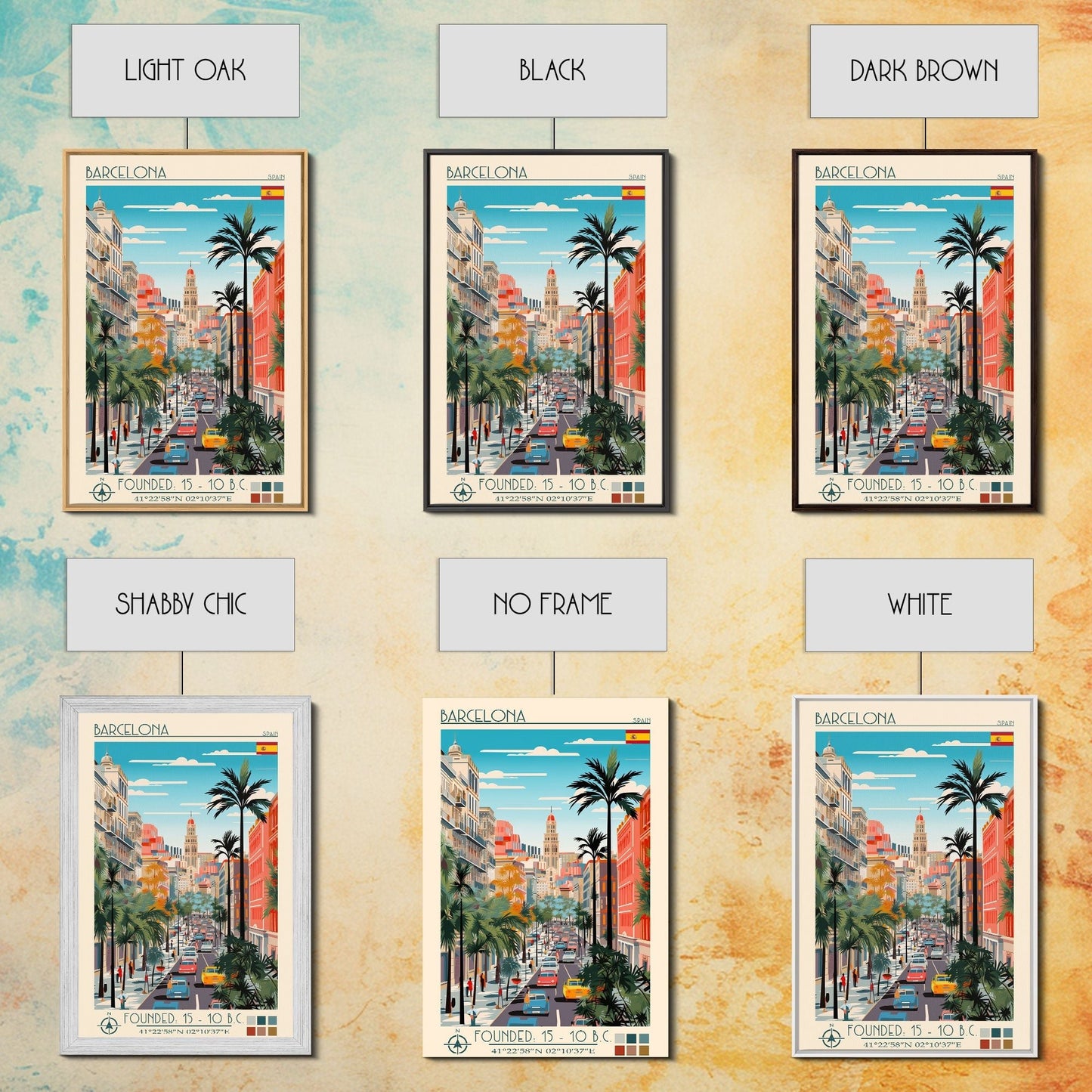 Barcelona Spain Travel Poster Framed Canvas Print, Midcentury Modern Art, Pop Art Wall Decor, Home Decor, Vacation Gift, Living Room Art - mosswell.us