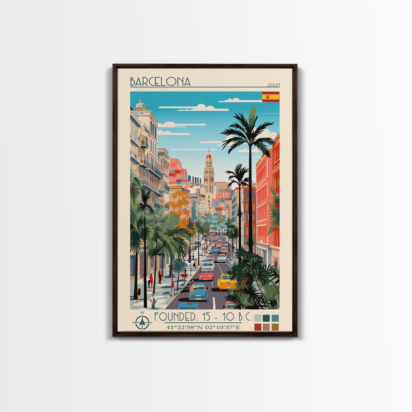 Barcelona Spain Travel Poster Framed Canvas Print, Midcentury Modern Art, Pop Art Wall Decor, Home Decor, Vacation Gift, Living Room Art - mosswell.us