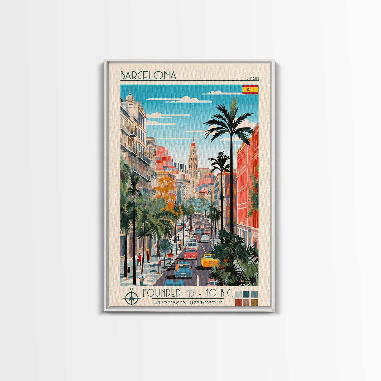 Barcelona Spain Travel Poster Framed Canvas Print, Midcentury Modern Art, Pop Art Wall Decor, Home Decor, Vacation Gift, Living Room Art - mosswell.us