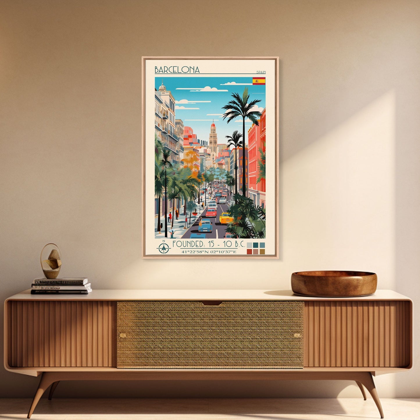 Barcelona Spain Travel Poster Framed Canvas Print, Midcentury Modern Art, Pop Art Wall Decor, Home Decor, Vacation Gift, Living Room Art - mosswell.us
