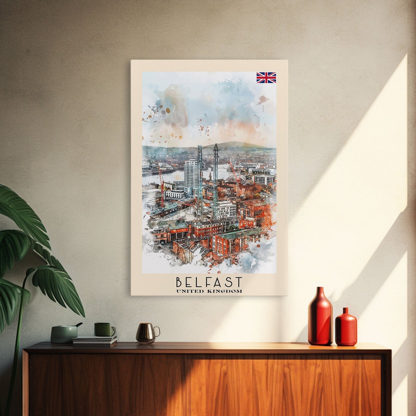 Belfast United Kingdom Travel Poster Framed Canvas Print, Wall Art, Living Room Art, Watercolor Painting, Original Art - mosswell.us