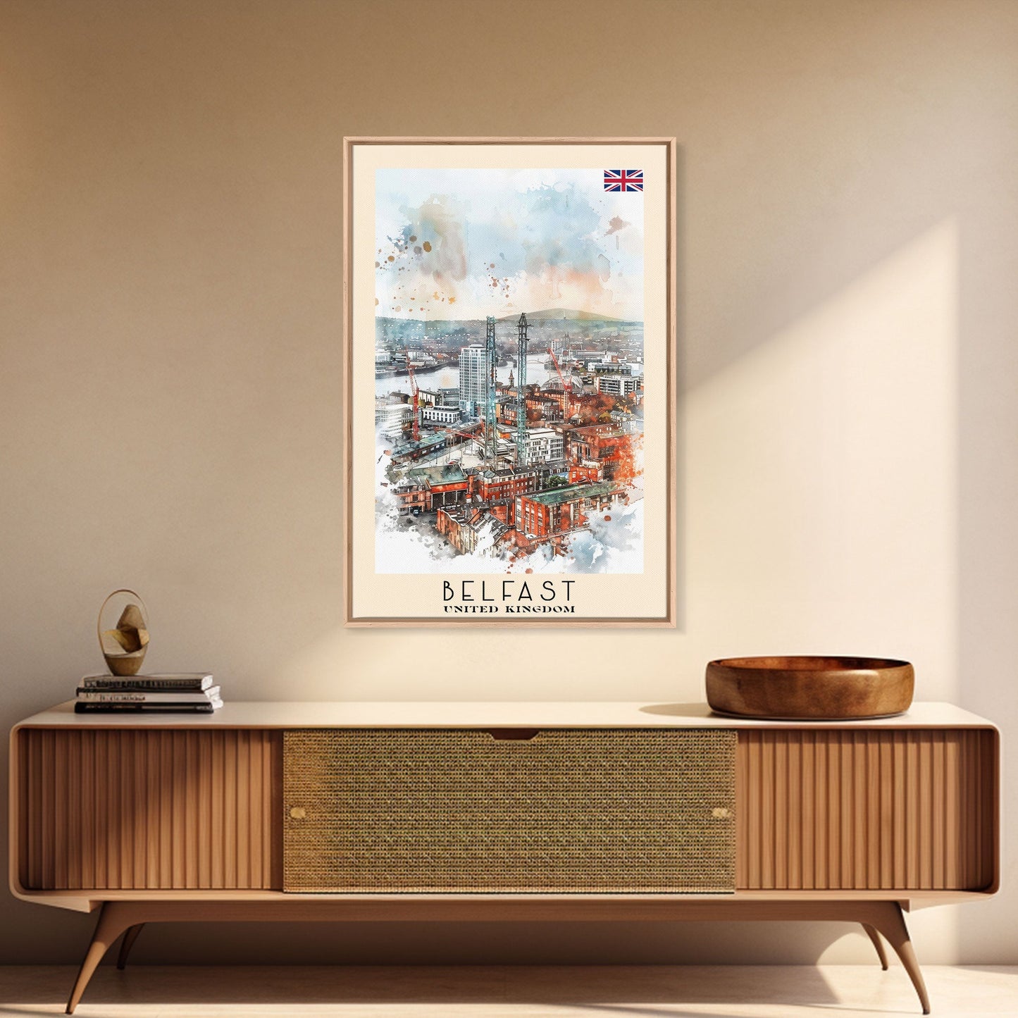 Belfast United Kingdom Travel Poster Framed Canvas Print, Wall Art, Living Room Art, Watercolor Painting, Original Art - mosswell.us
