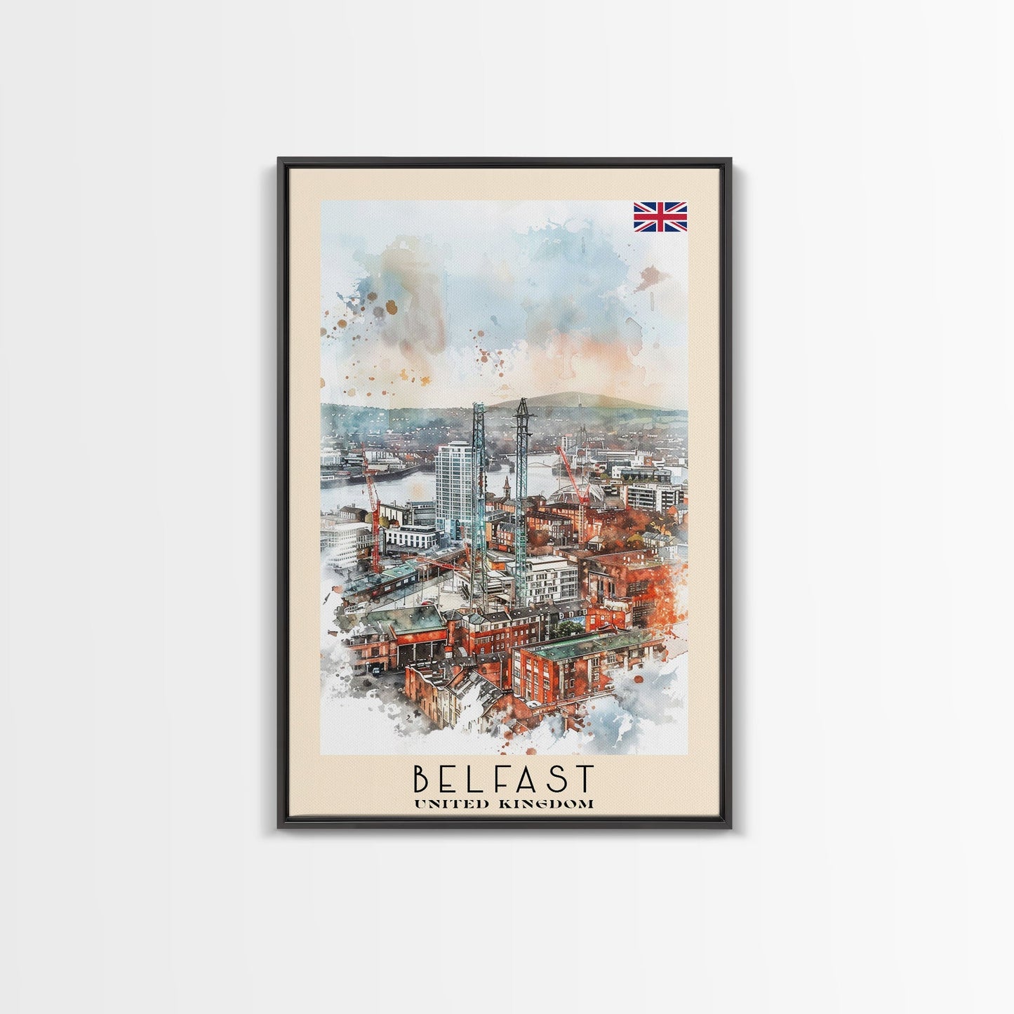 Belfast United Kingdom Travel Poster Framed Canvas Print, Wall Art, Living Room Art, Watercolor Painting, Original Art - mosswell.us