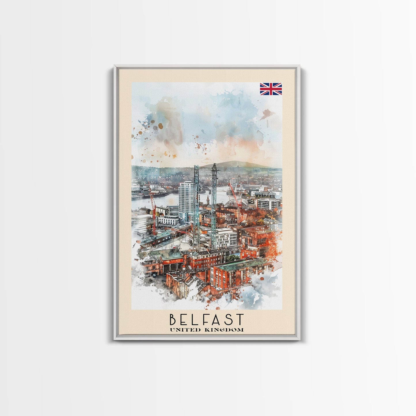 Belfast United Kingdom Travel Poster Framed Canvas Print, Wall Art, Living Room Art, Watercolor Painting, Original Art - mosswell.us