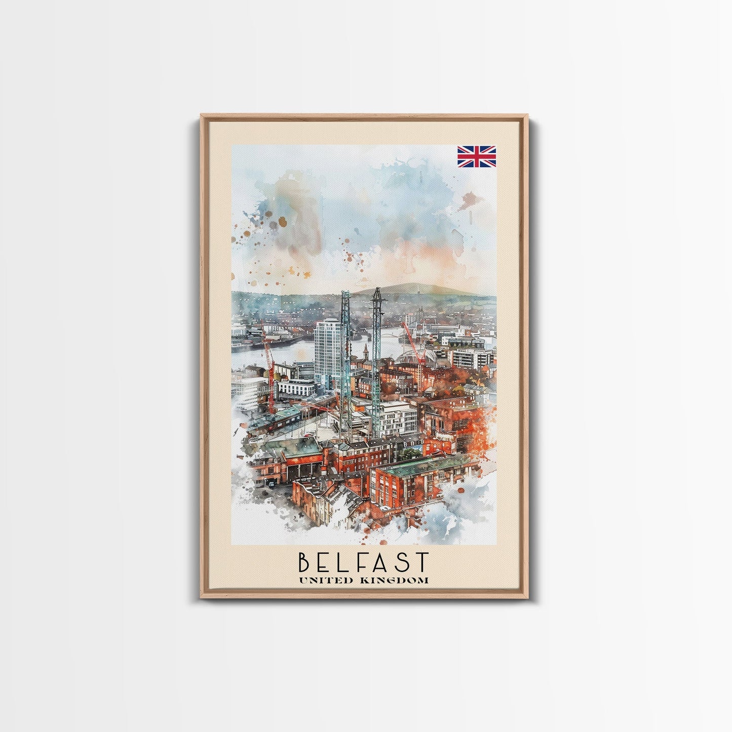 Belfast United Kingdom Travel Poster Framed Canvas Print, Wall Art, Living Room Art, Watercolor Painting, Original Art - mosswell.us