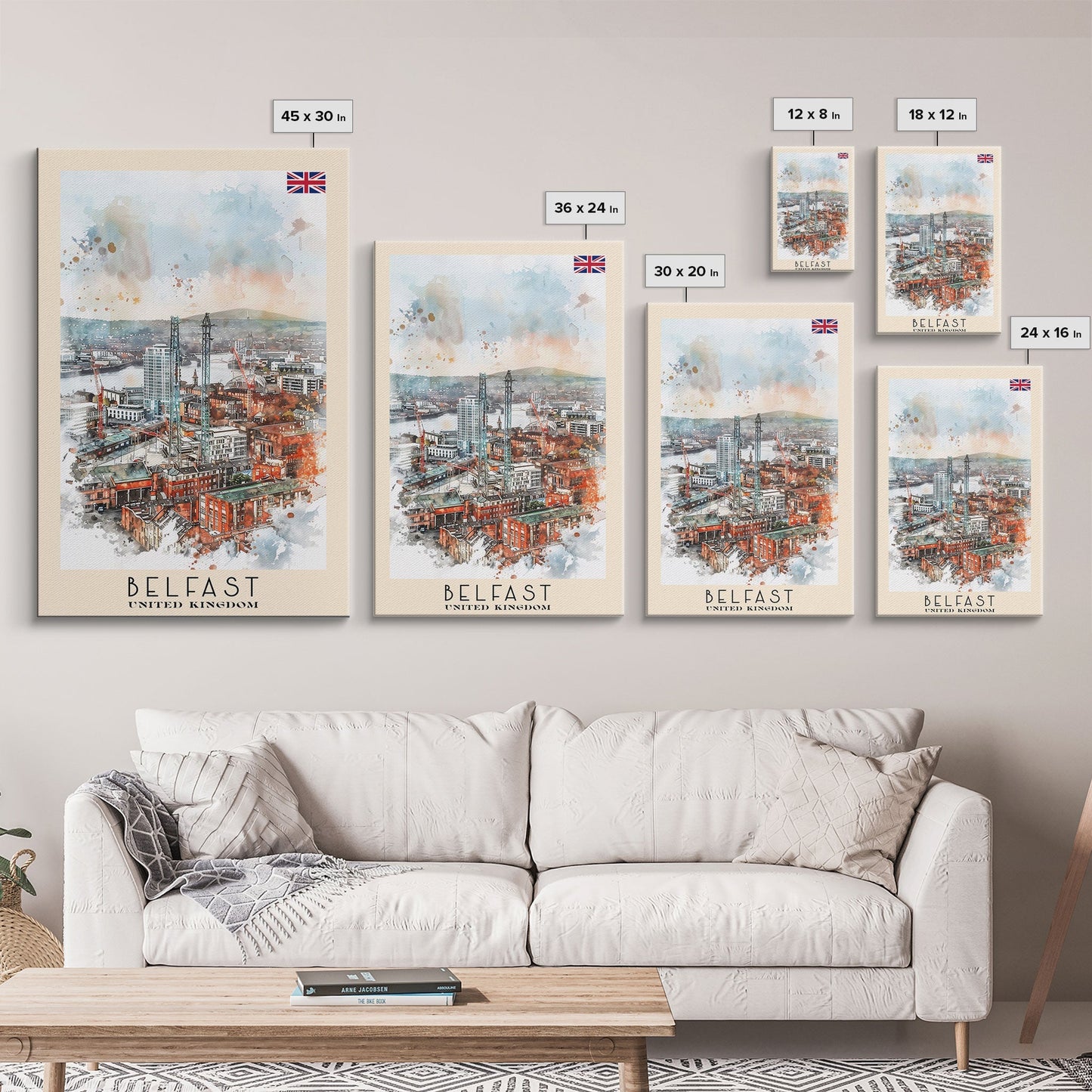 Belfast United Kingdom Travel Poster Framed Canvas Print, Wall Art, Living Room Art, Watercolor Painting, Original Art - mosswell.us