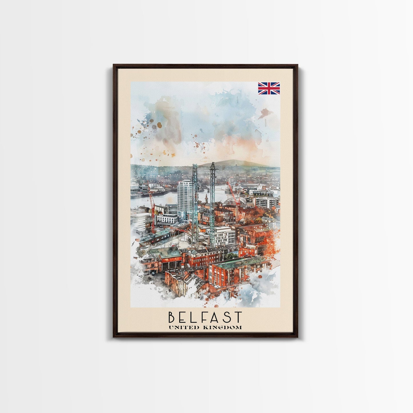 Belfast United Kingdom Travel Poster Framed Canvas Print, Wall Art, Living Room Art, Watercolor Painting, Original Art - mosswell.us