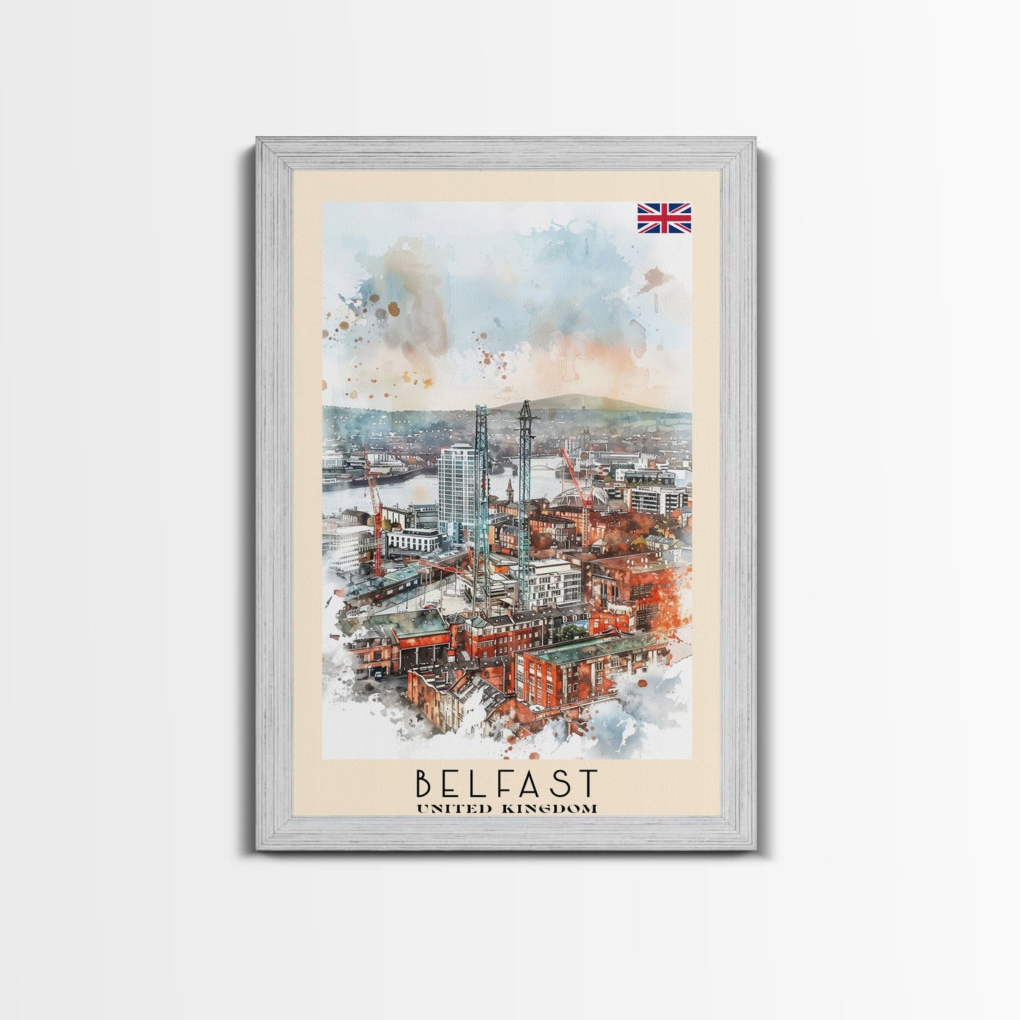 Belfast United Kingdom Travel Poster Framed Canvas Print, Wall Art, Living Room Art, Watercolor Painting, Original Art - mosswell.us