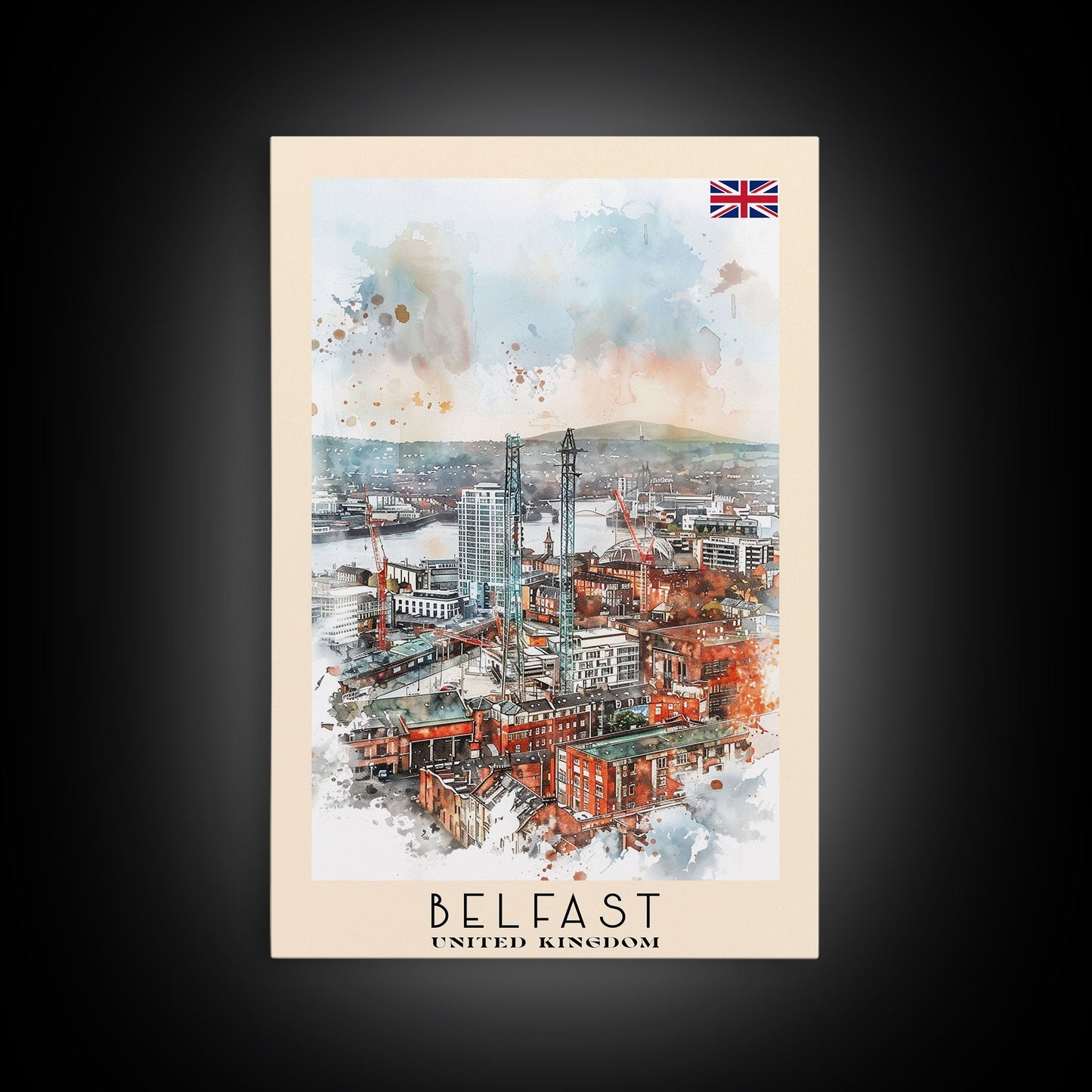 Belfast United Kingdom Travel Poster Framed Canvas Print, Wall Art, Living Room Art, Watercolor Painting, Original Art - mosswell.us