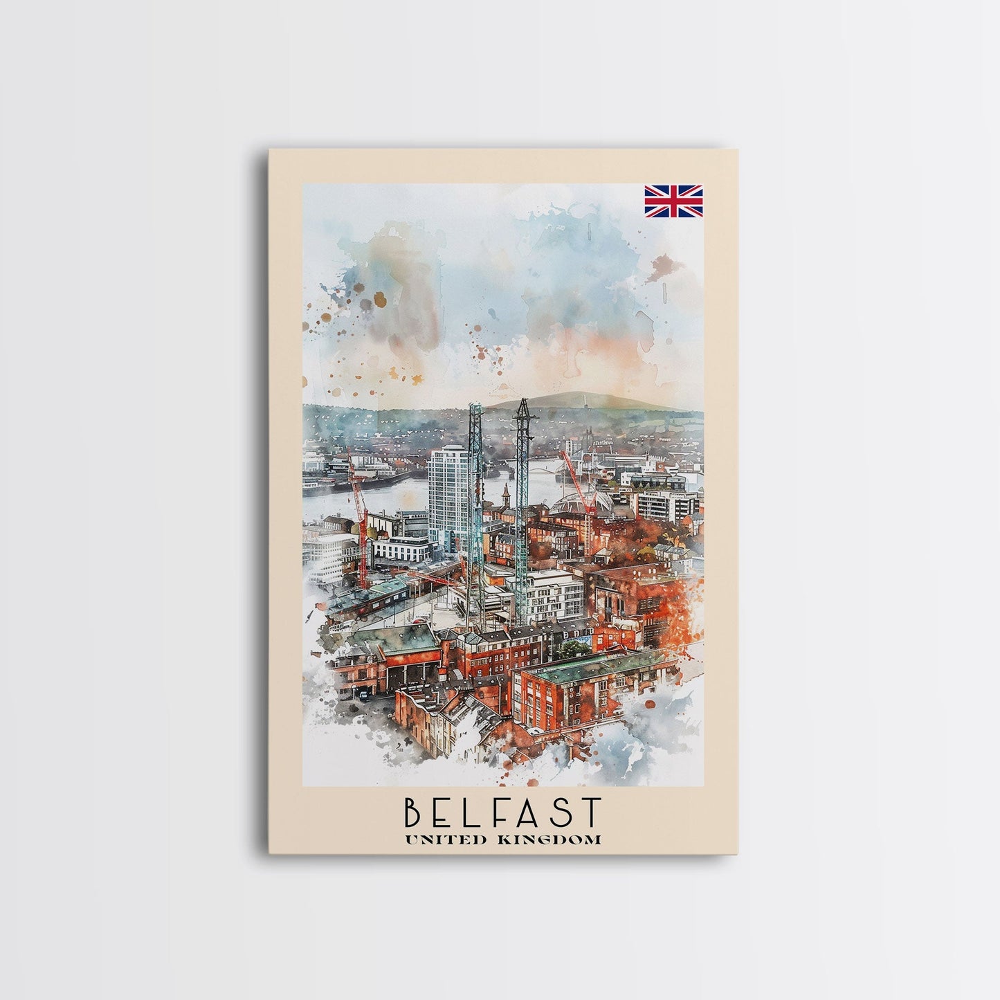 Belfast United Kingdom Travel Poster Framed Canvas Print, Wall Art, Living Room Art, Watercolor Painting, Original Art - mosswell.us