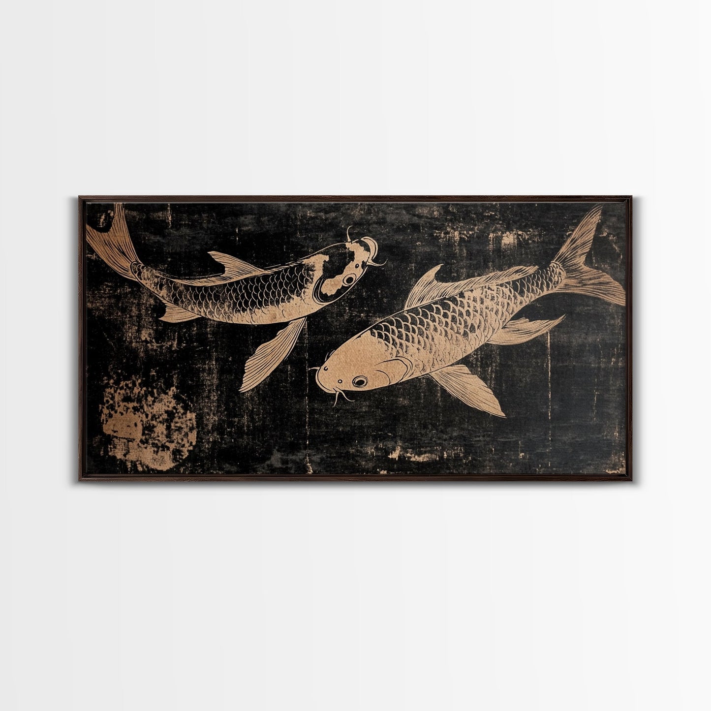 Black and White Koi Fish Oil Painting Print, Elegant Japanese Style Wood Block Print Artwork, Canvas Print Ready To Hang, Centerpiece Art - mosswell.us