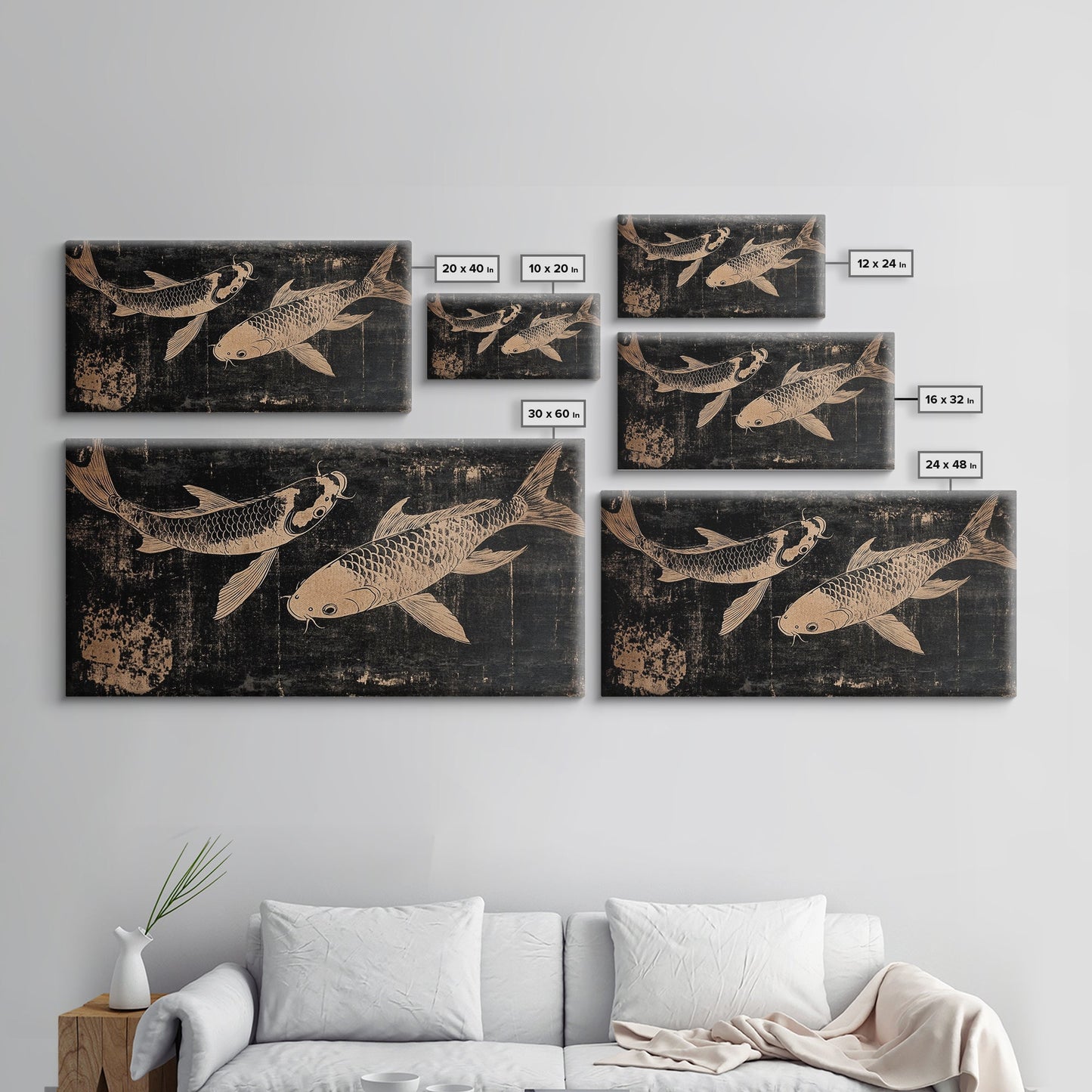 Black and White Koi Fish Oil Painting Print, Elegant Japanese Style Wood Block Print Artwork, Canvas Print Ready To Hang, Centerpiece Art - mosswell.us