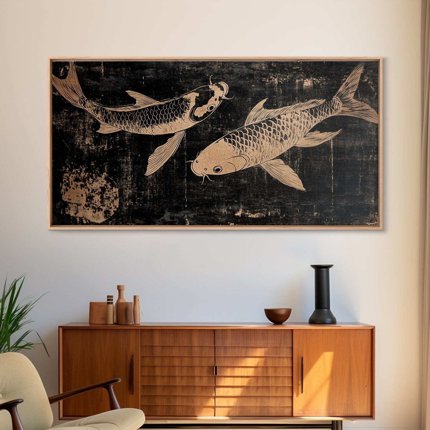 Black and White Koi Fish Oil Painting Print, Elegant Japanese Style Wood Block Print Artwork, Canvas Print Ready To Hang, Centerpiece Art - mosswell.us
