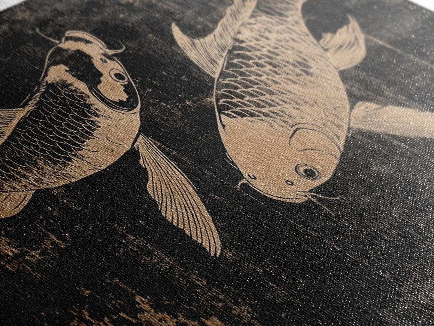 Black and White Koi Fish Oil Painting Print, Elegant Japanese Style Wood Block Print Artwork, Canvas Print Ready To Hang, Centerpiece Art - mosswell.us