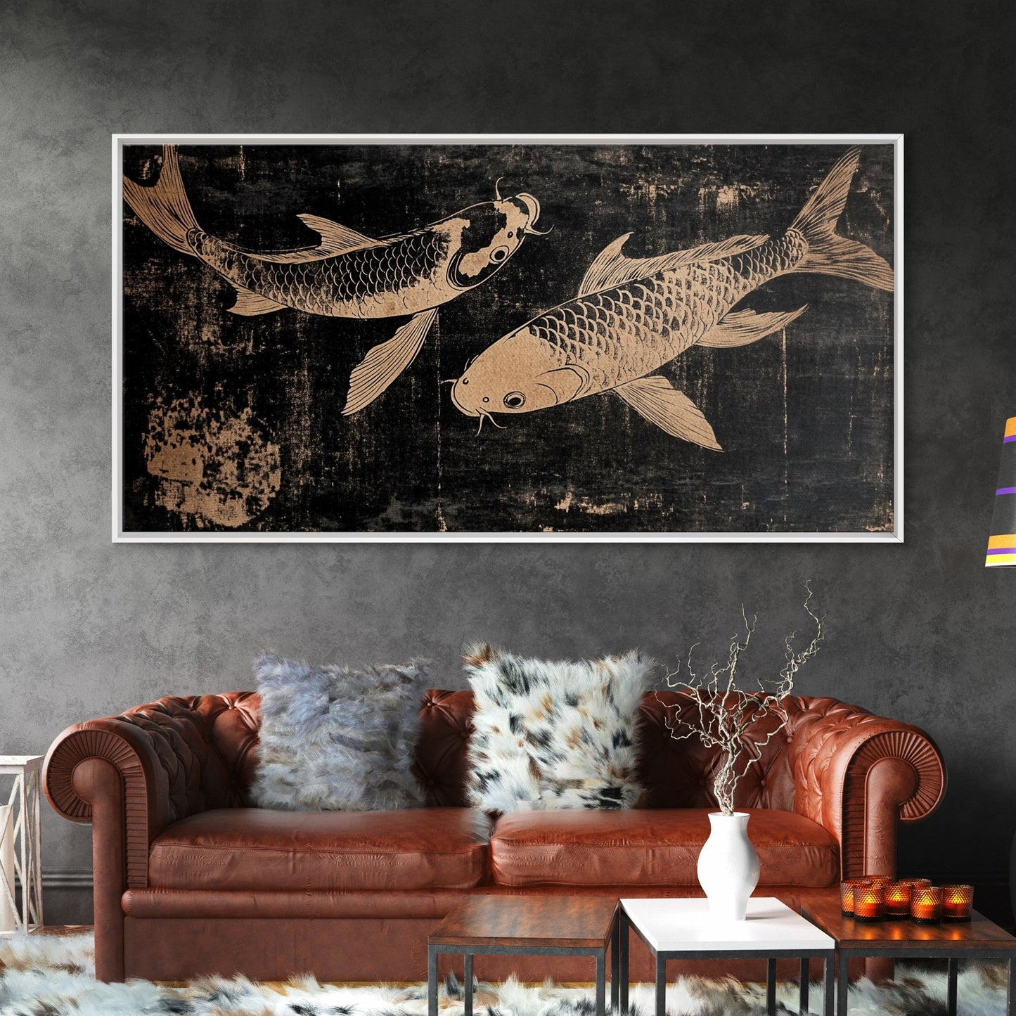 Black and White Koi Fish Oil Painting Print, Elegant Japanese Style Wood Block Print Artwork, Canvas Print Ready To Hang, Centerpiece Art - mosswell.us