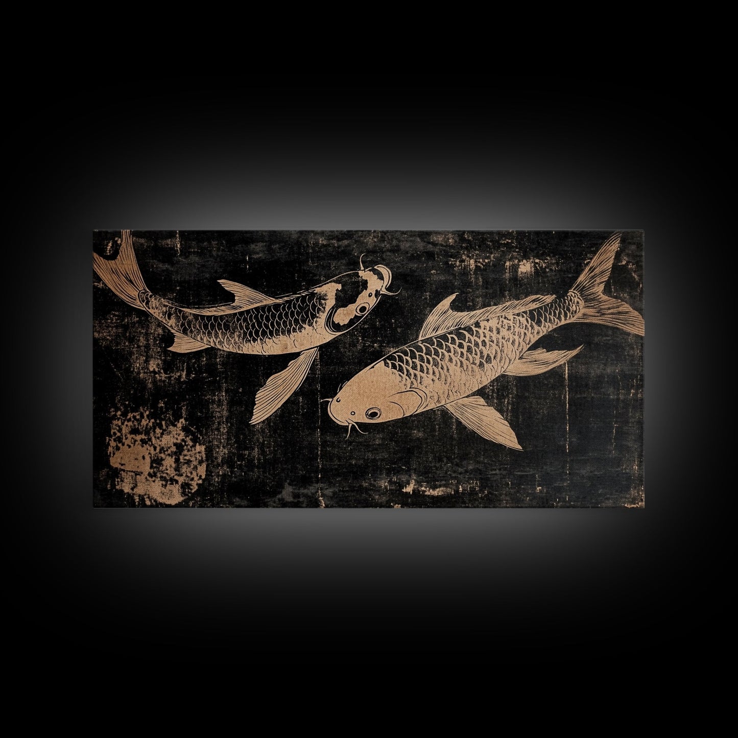 Black and White Koi Fish Oil Painting Print, Elegant Japanese Style Wood Block Print Artwork, Canvas Print Ready To Hang, Centerpiece Art - mosswell.us