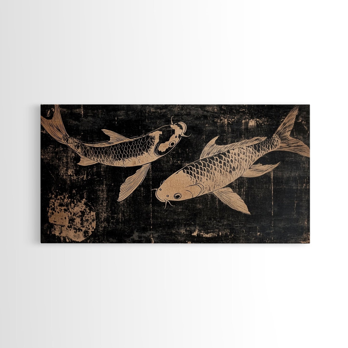 Black and White Koi Fish Oil Painting Print, Elegant Japanese Style Wood Block Print Artwork, Canvas Print Ready To Hang, Centerpiece Art - mosswell.us