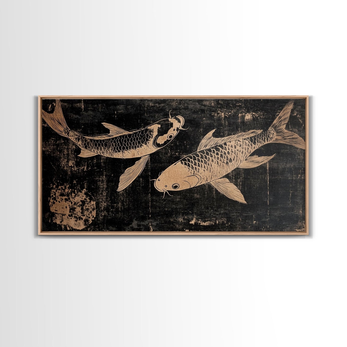 Black and White Koi Fish Oil Painting Print, Elegant Japanese Style Wood Block Print Artwork, Canvas Print Ready To Hang, Centerpiece Art - mosswell.us