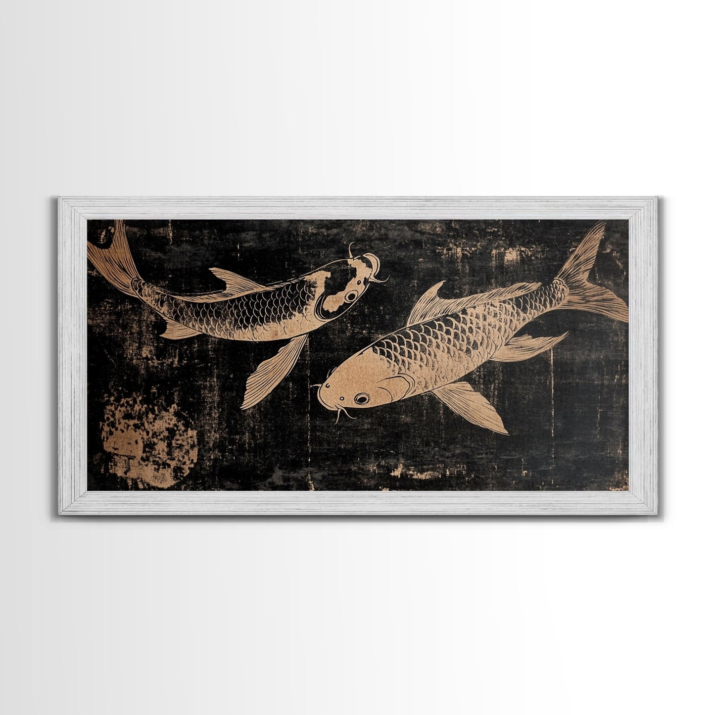 Black and White Koi Fish Oil Painting Print, Elegant Japanese Style Wood Block Print Artwork, Canvas Print Ready To Hang, Centerpiece Art - mosswell.us