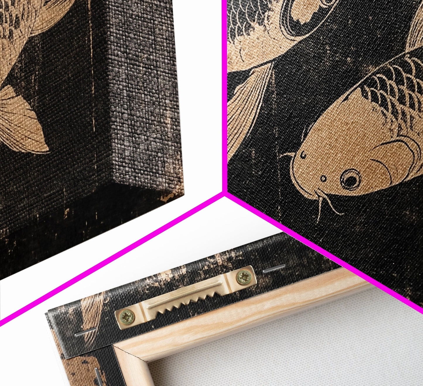 Black and White Koi Fish Oil Painting Print, Elegant Japanese Style Wood Block Print Artwork, Canvas Print Ready To Hang, Centerpiece Art - mosswell.us