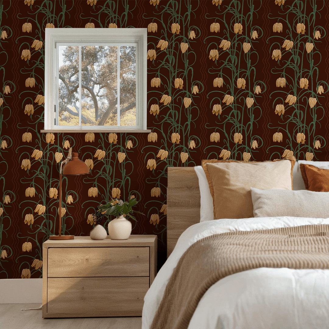 Campanas Wallpaper, chocolate and goldenrod - mosswell.us