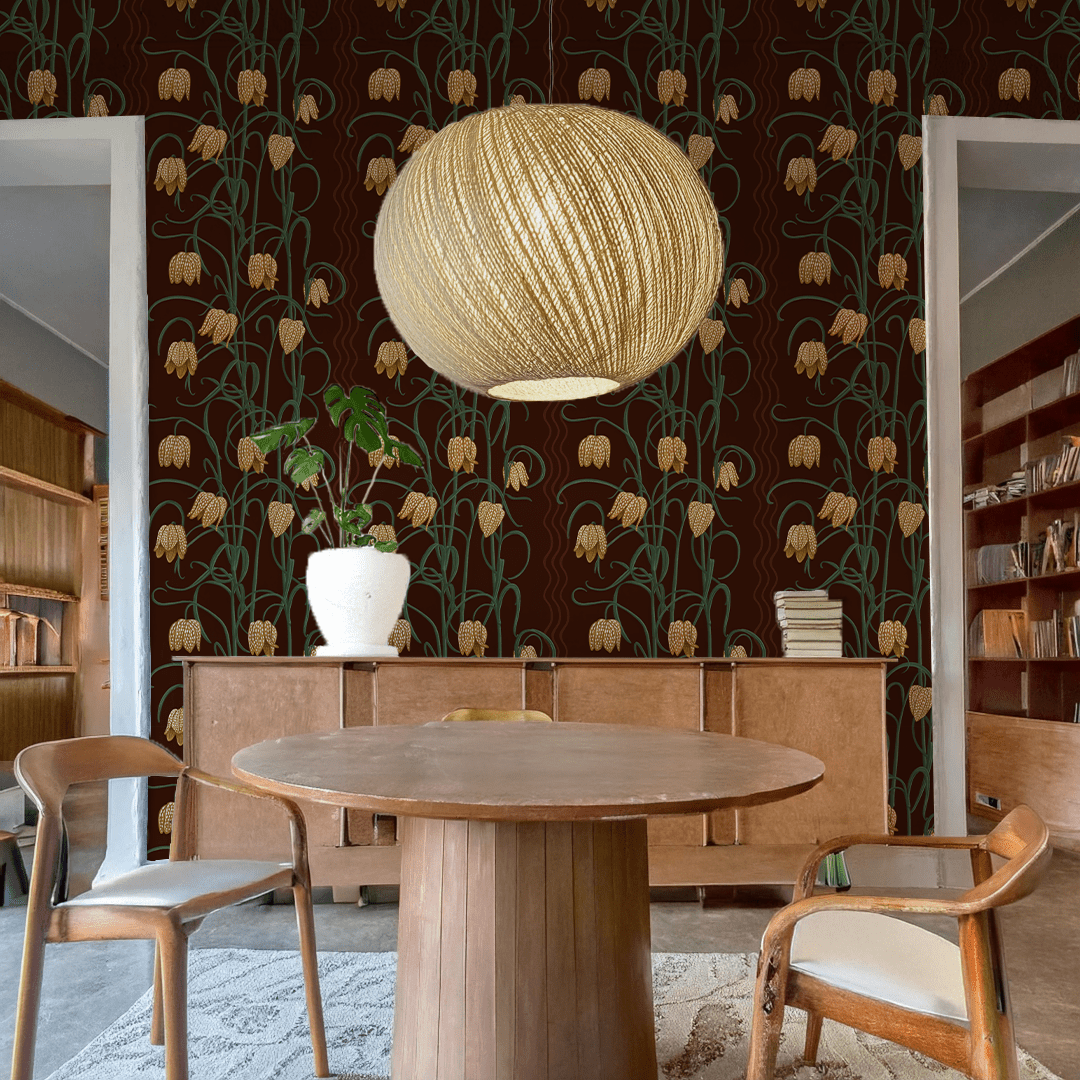 Campanas Wallpaper, chocolate and goldenrod - mosswell.us