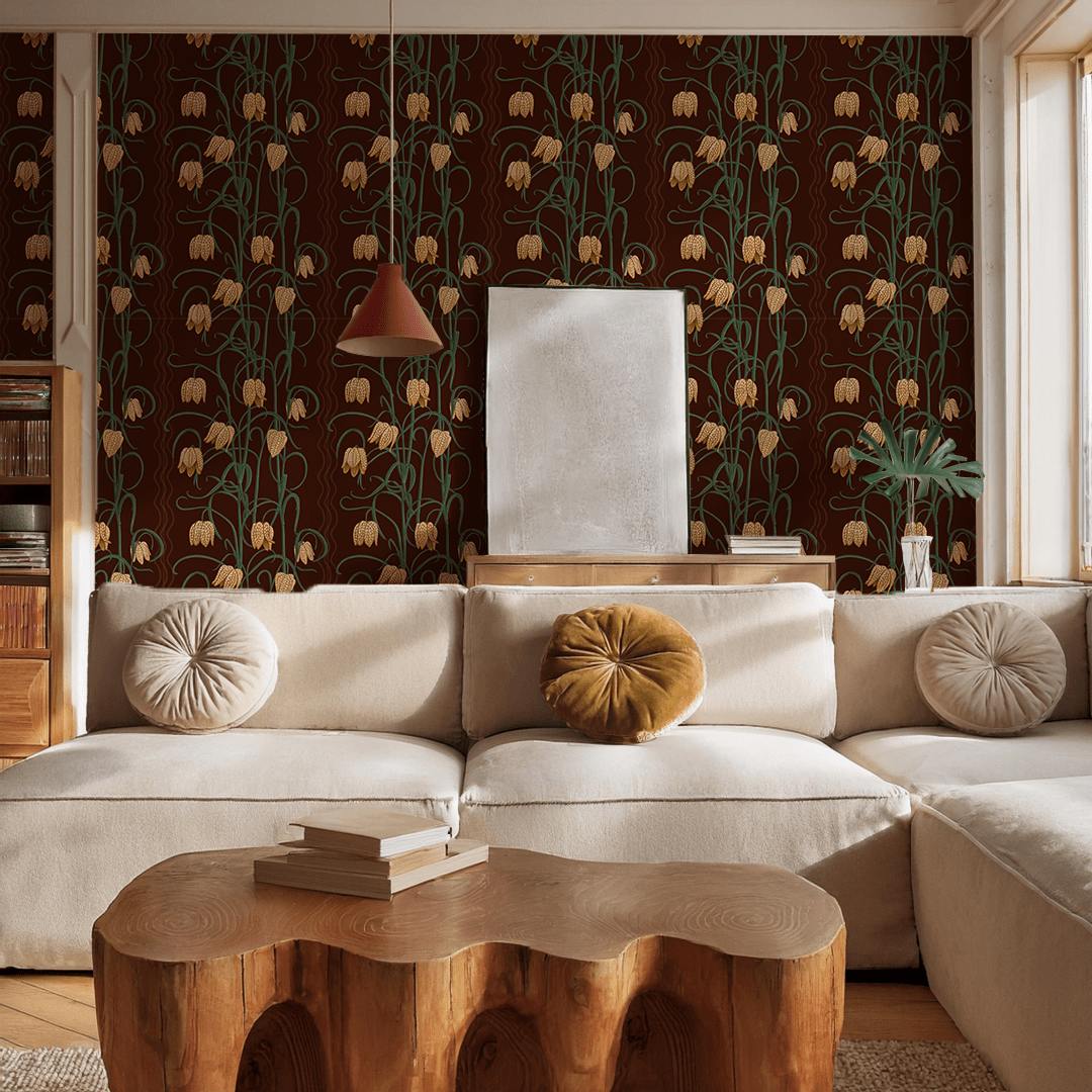 Campanas Wallpaper, chocolate and goldenrod - mosswell.us