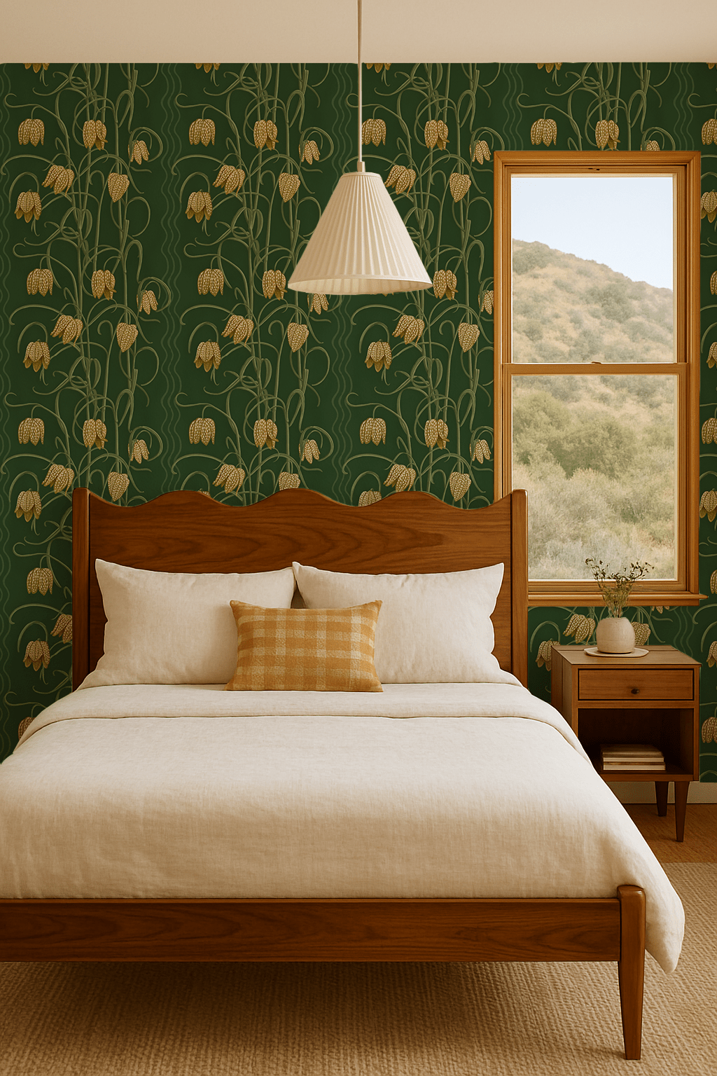 Campanas Wallpaper, dark green and ocher - mosswell.us