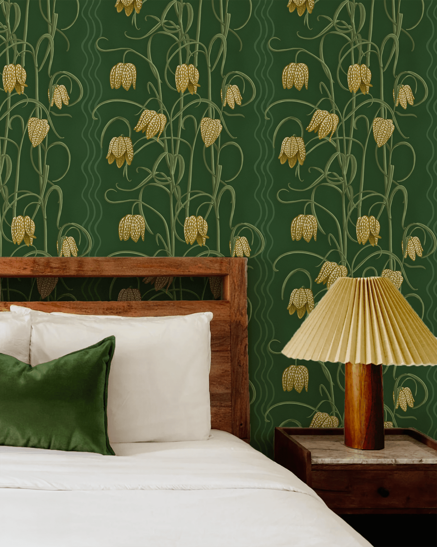 Campanas Wallpaper, dark green and ocher - mosswell.us
