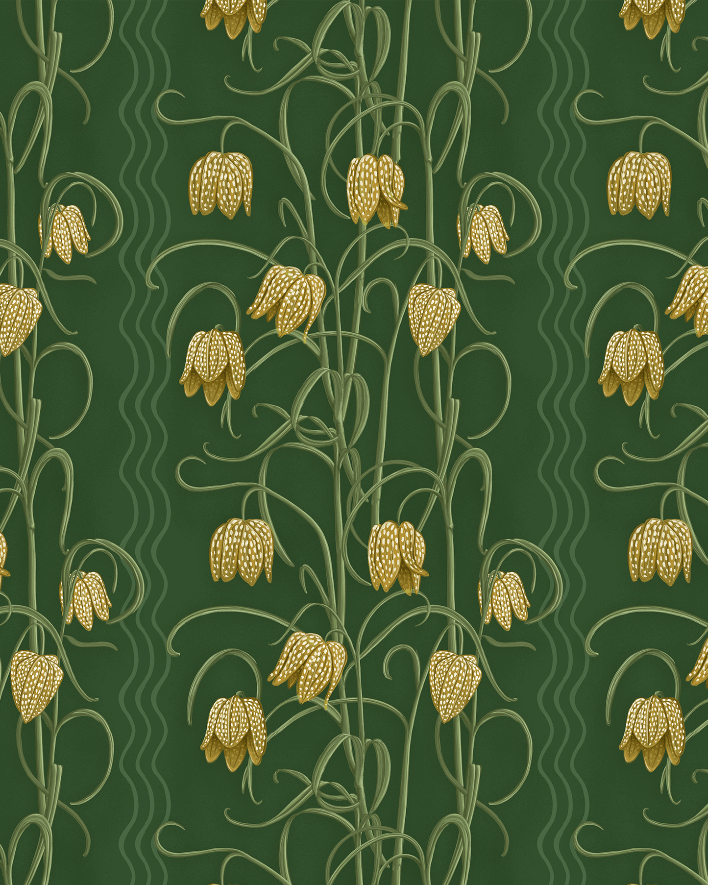 Campanas Wallpaper, dark green and ocher - mosswell.us