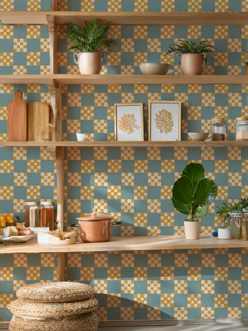 Checkered Quilt Wallpaper, light blue and yellow - mosswell.us