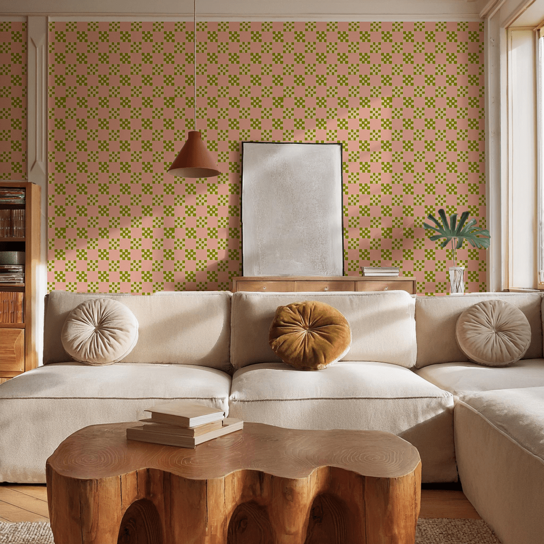 Checkered Quilt Wallpaper, pink, olive green and light beige - mosswell.us
