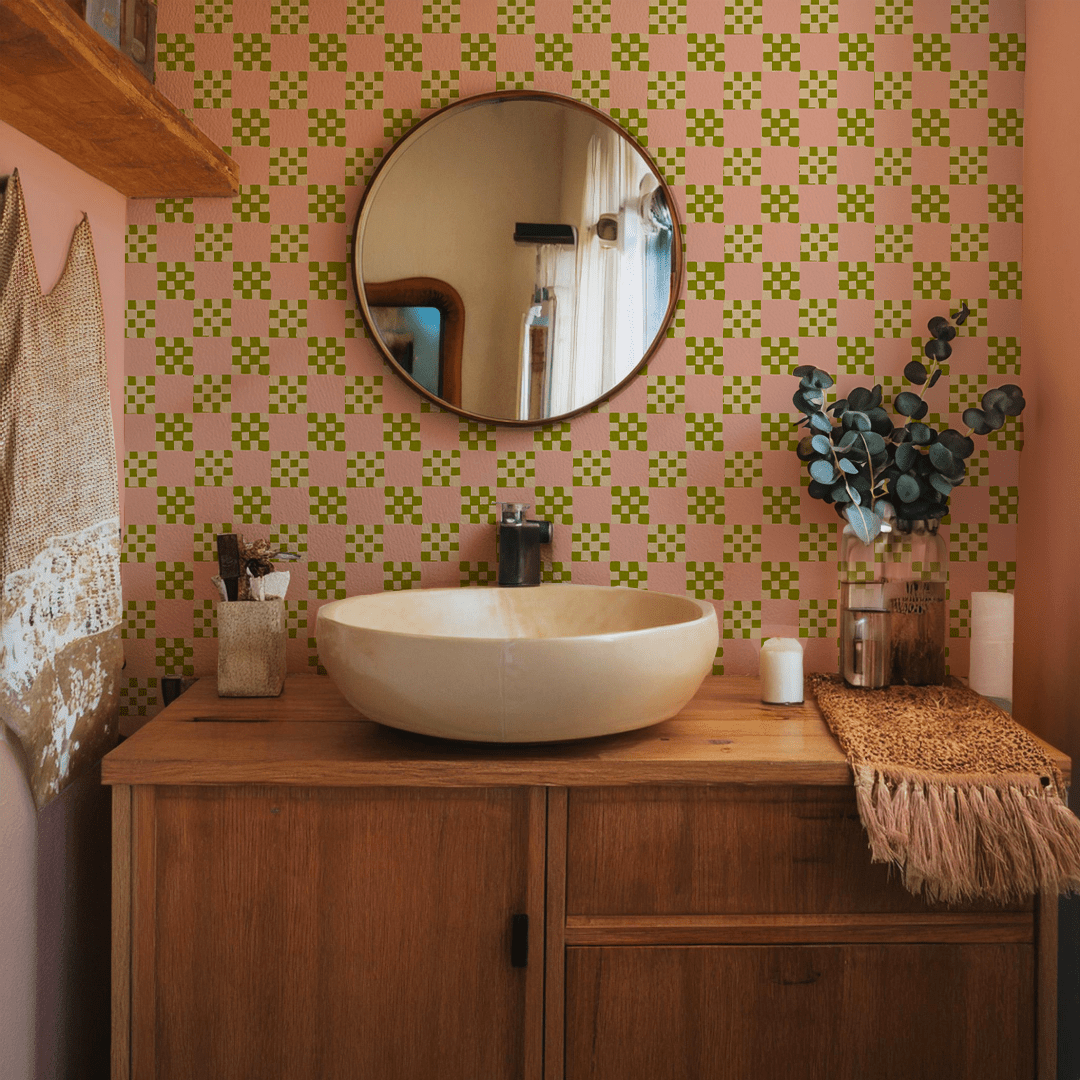 Checkered Quilt Wallpaper, pink, olive green and light beige - mosswell.us