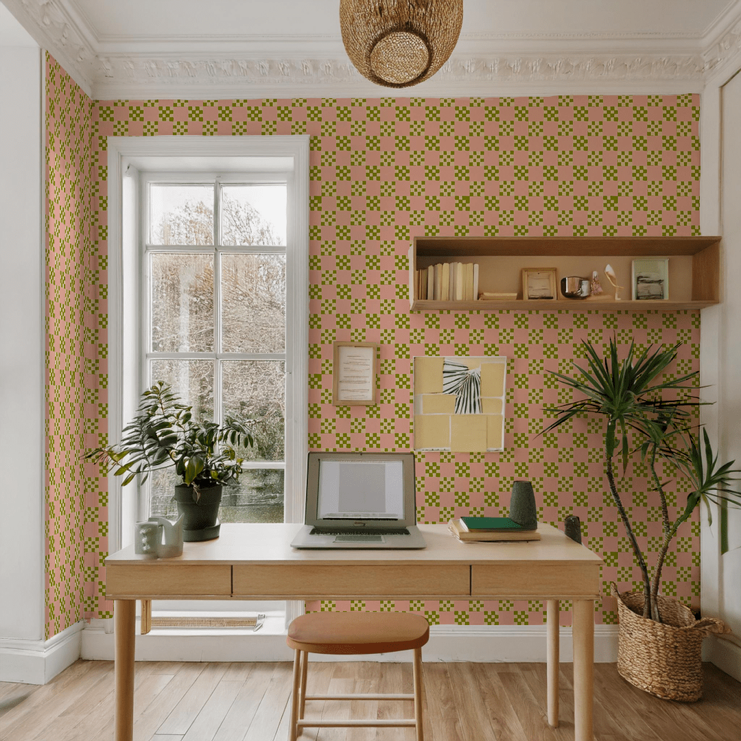 Checkered Quilt Wallpaper, pink, olive green and light beige - mosswell.us
