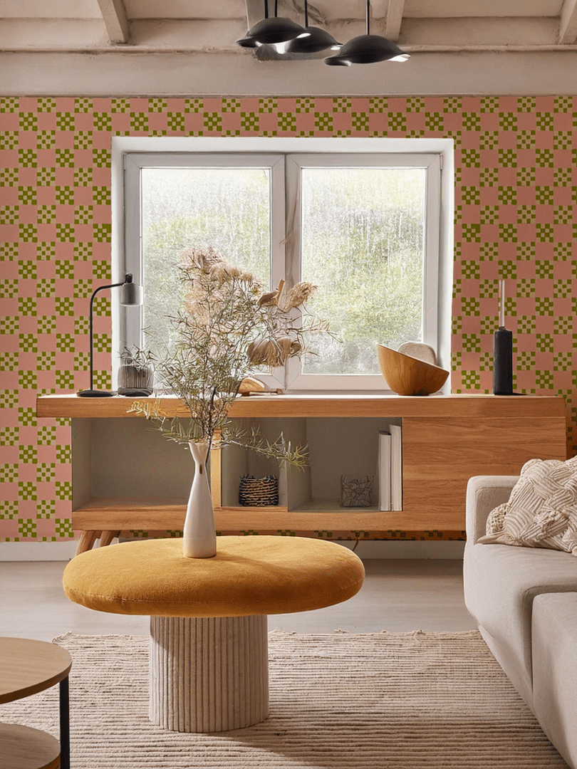 Checkered Quilt Wallpaper, pink, olive green and light beige - mosswell.us