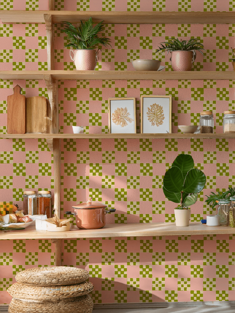 Checkered Quilt Wallpaper, pink, olive green and light beige - mosswell.us