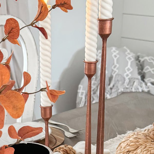 Copper Finish Cast Iron Taper Candle Holders, Set of Three - mosswell.us