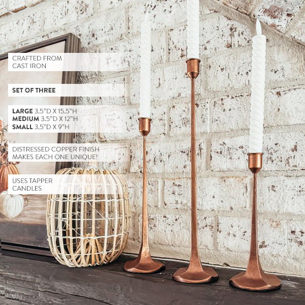 Copper Finish Cast Iron Taper Candle Holders, Set of Three - mosswell.us