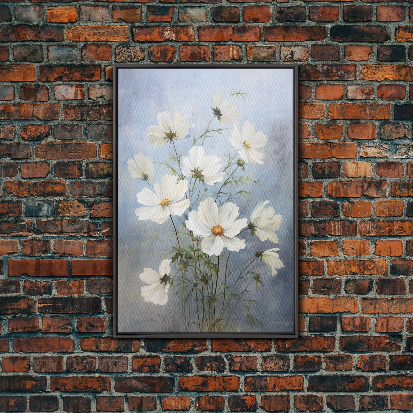 Cosmos Art Print - Framed Canvas Art - Oil Painting Poster Print - White Flowers Still Life - Small Flower Bouquet Oil Painting Wall Art - mosswell.us